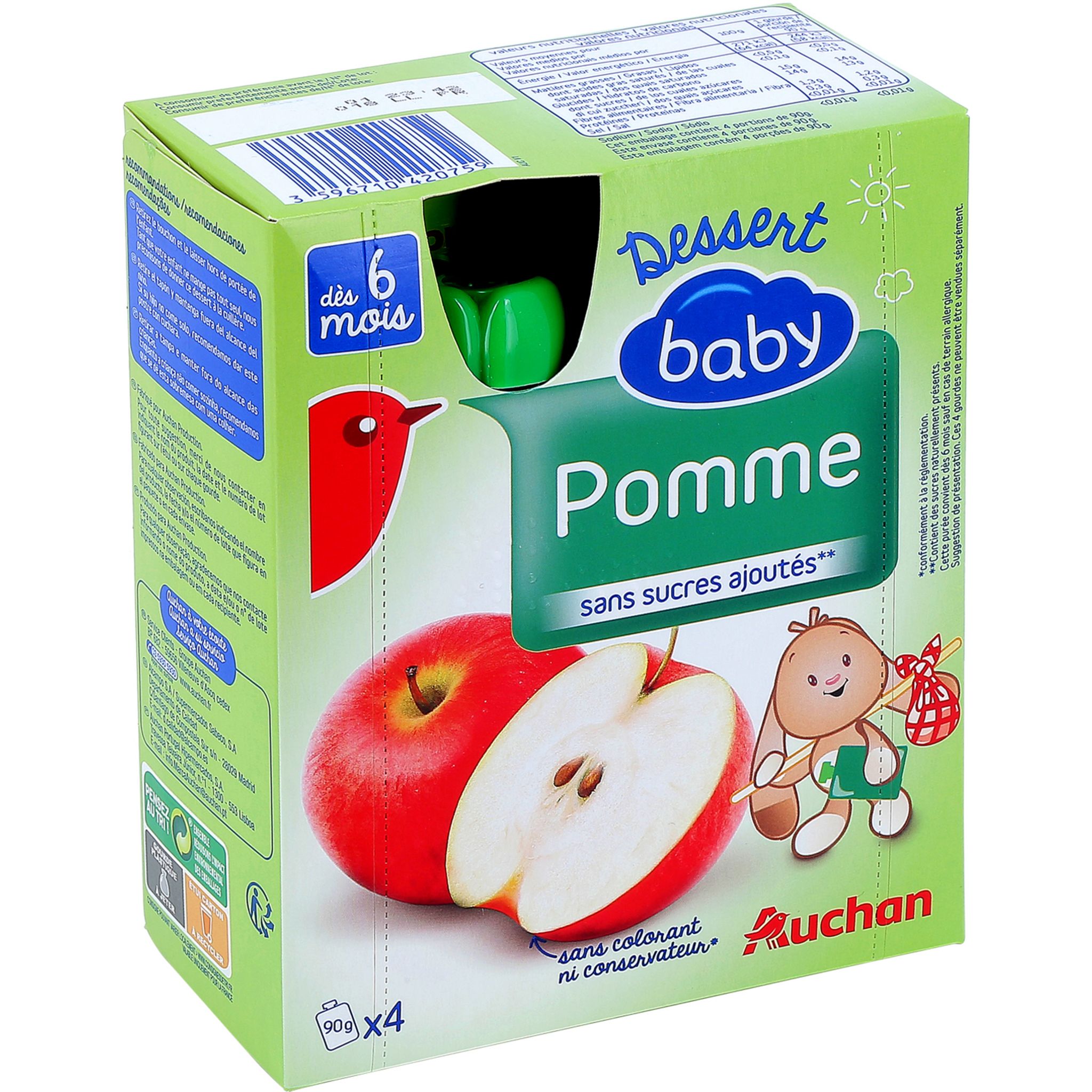 AUCHAN BABY BIO Gourde purée de fruits à la pomme bio dès 6 mois 4x90g pas  cher 