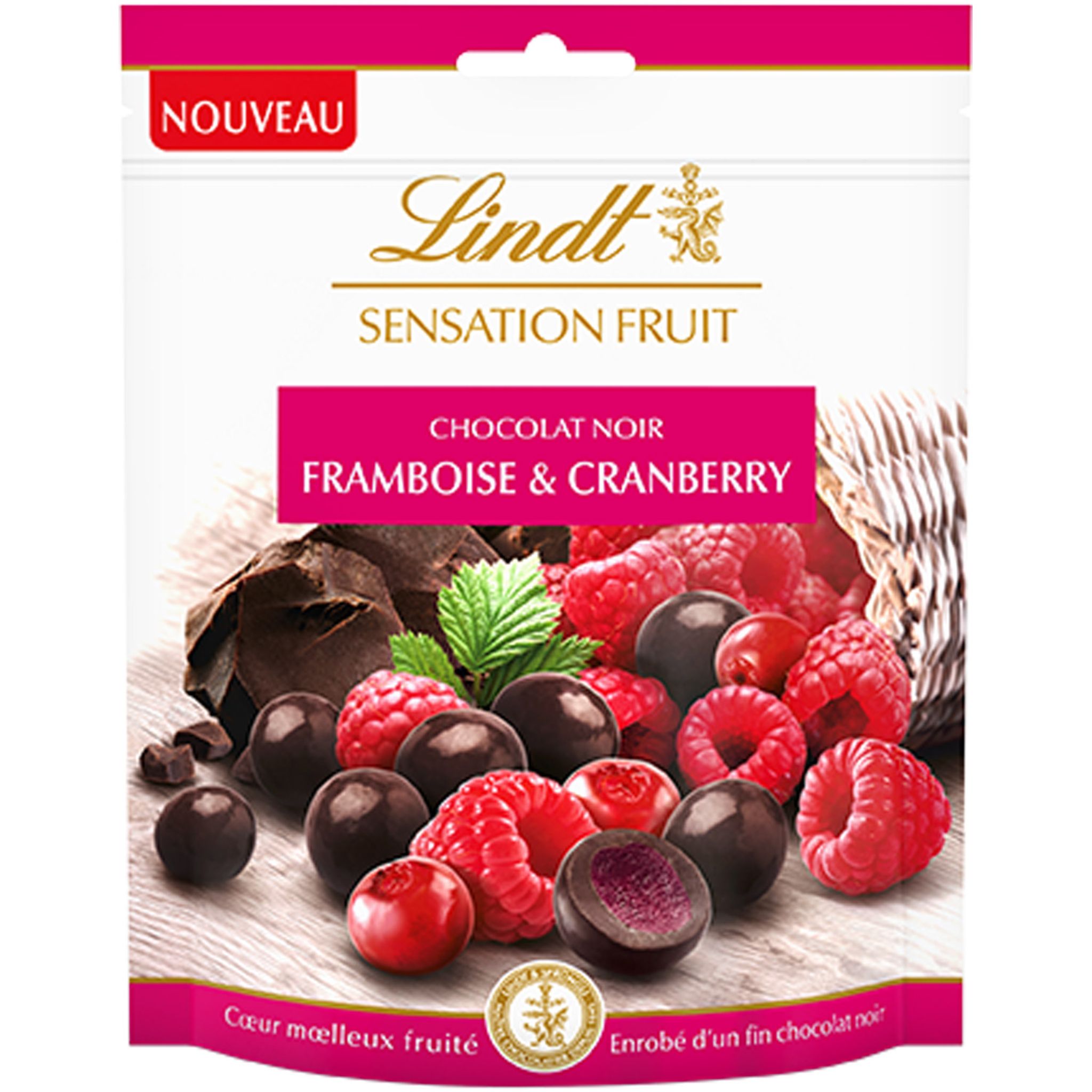 Lindt FRUIT SENSATION Sensations de chocolat noir, framboises et  canneberges, sachet 150g