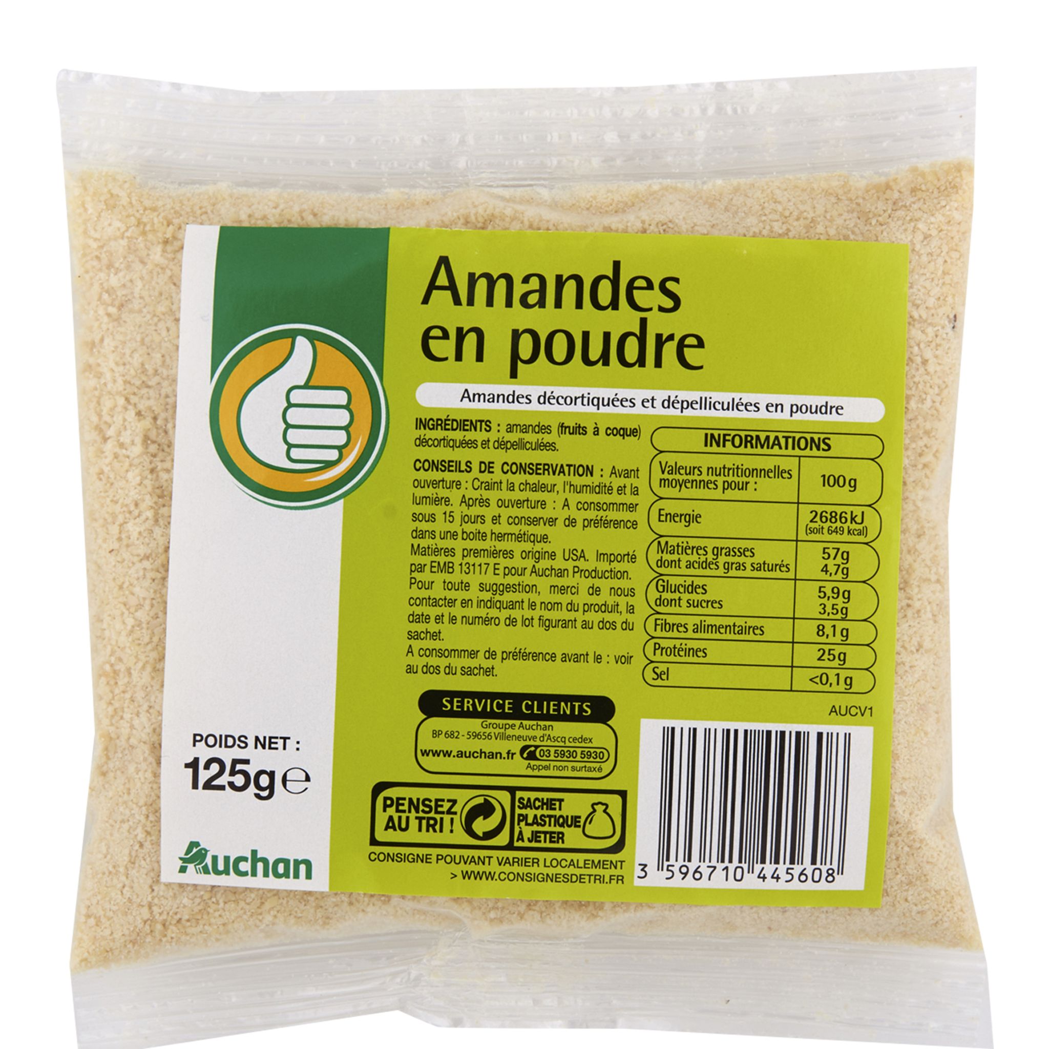 AUCHAN Amandes émondées en poudre sachet refermable 125g pas cher 