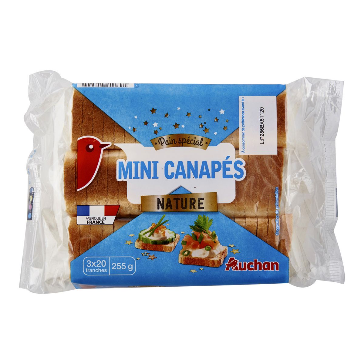 AUCHAN Mini canapés nature 3x20 tranches 255g