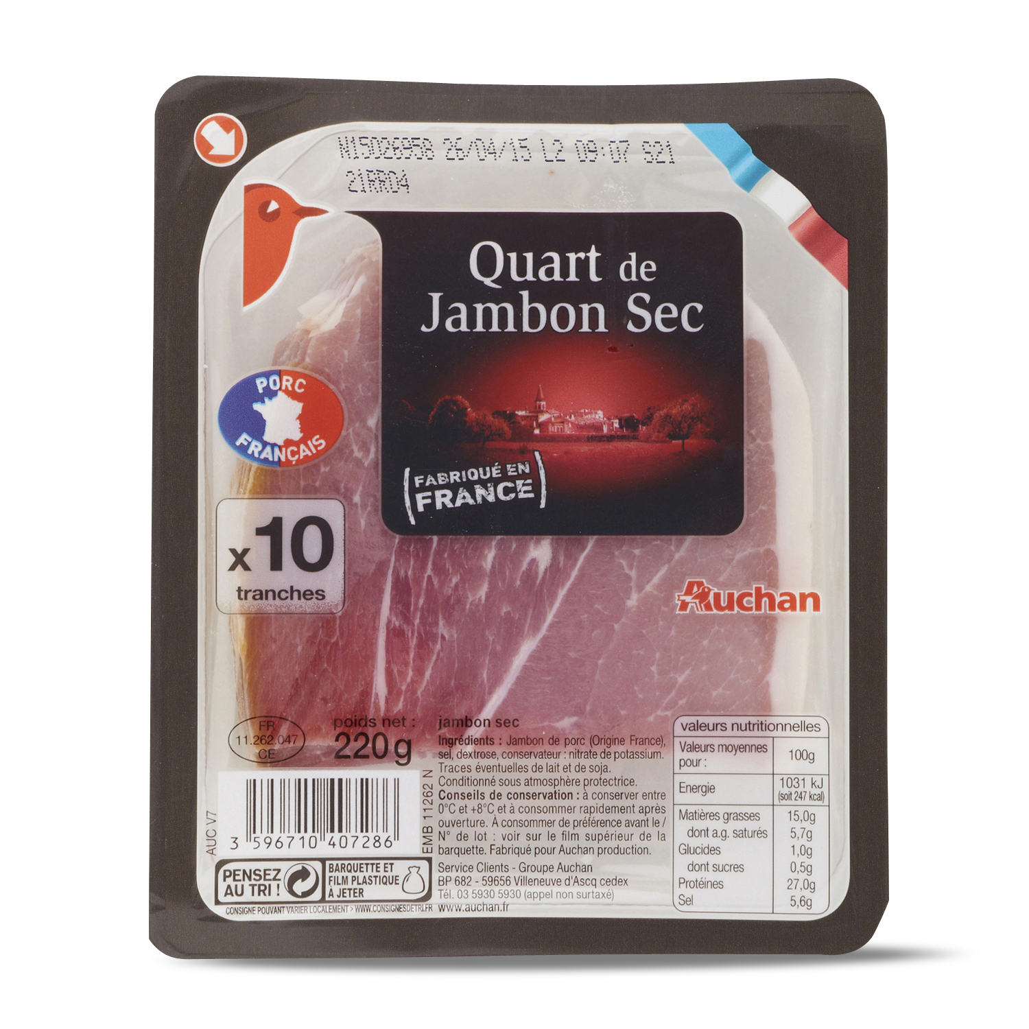 AUCHAN Quart de jambon sec sans conservateur 7 mois d'âge 18 tranches 220g  pas cher 