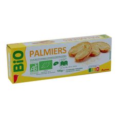 AUCHAN BIO Palmiers biscuits feuilletés, sachets fraîcheur 2x6 biscuits 100g