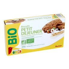 AUCHAN BIO Biscuits petit dejeuner céréales noisettes chocolat, sachets fraîcheur 4x4 biscuits 200g