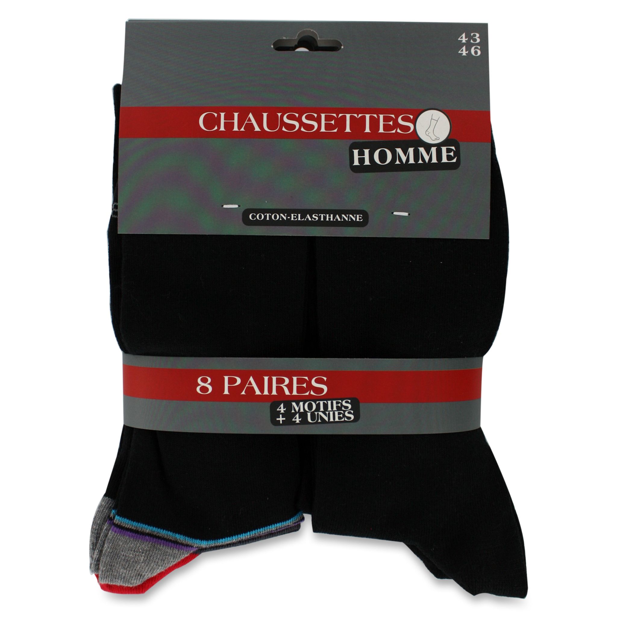 chaussette 4 uni + 4 fantaisie lot de 8 paires taille 43/46 pas