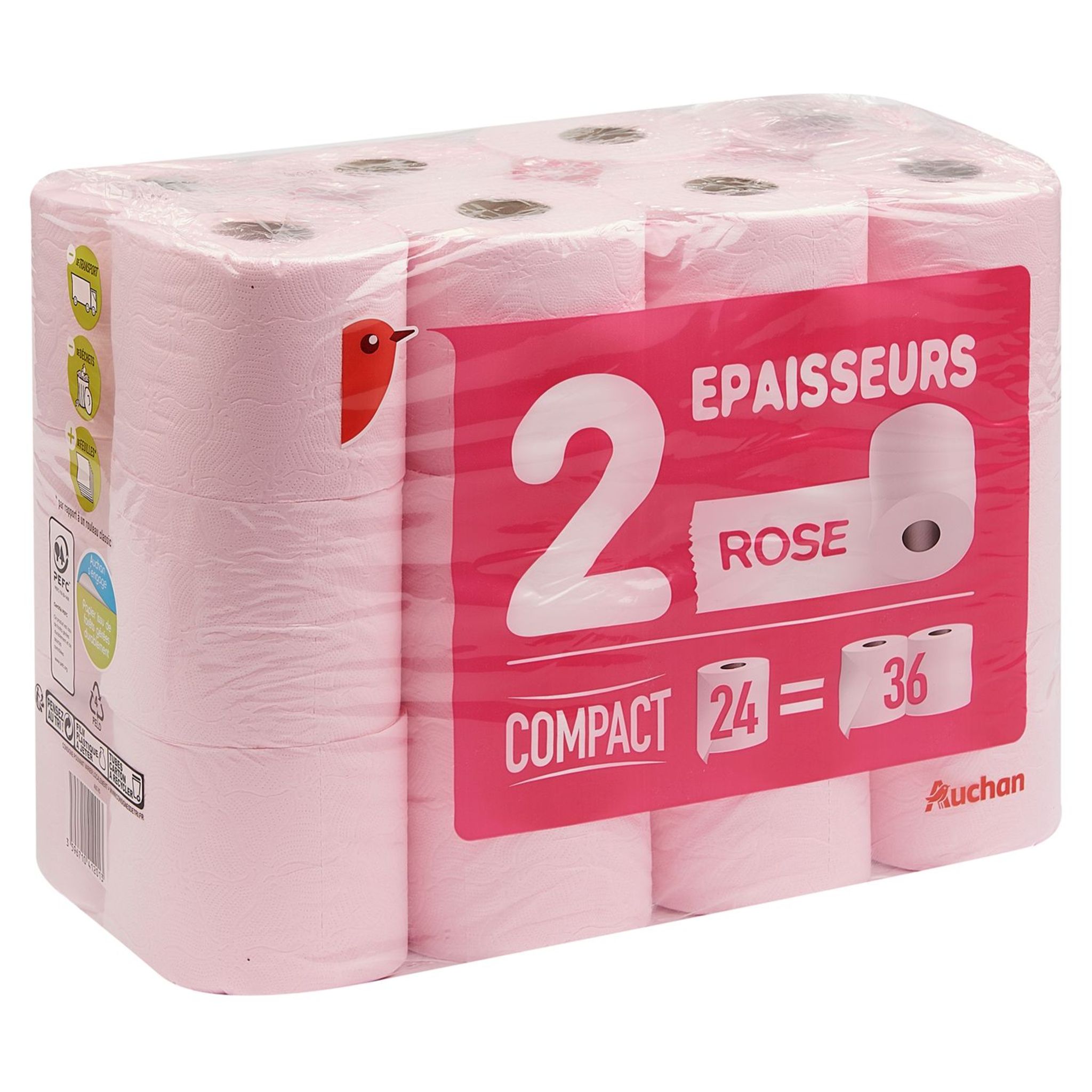 AUCHAN Papier toilette rose ultra doux 3 épaisseurs 12 rouleaux pas cher 