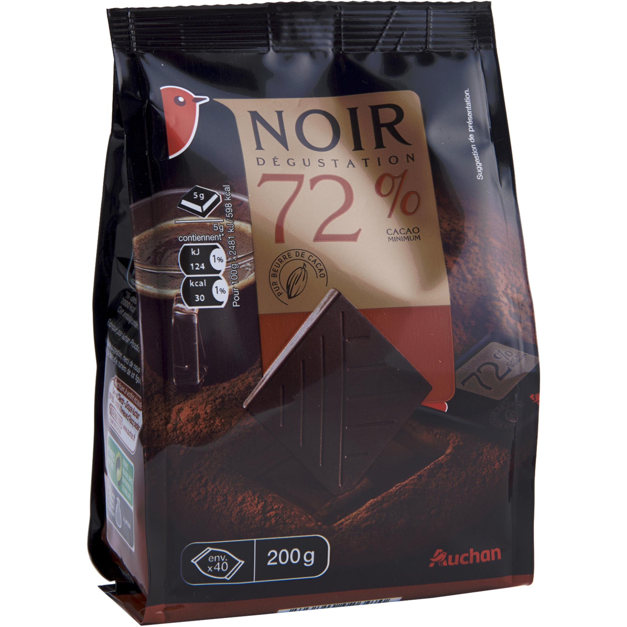 Tablette de chocolat noir 72 % avec carrés individuels