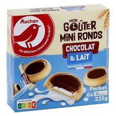 AUCHAN Mini ronds tartelettes chocolat et lait, sachets fraîcheur 6x6 biscuits 225g