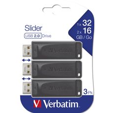VERBATIM Pack de 3 clé USB 2.0 Slider - 2 x 16 Go et 1 x 32 Go - Noir