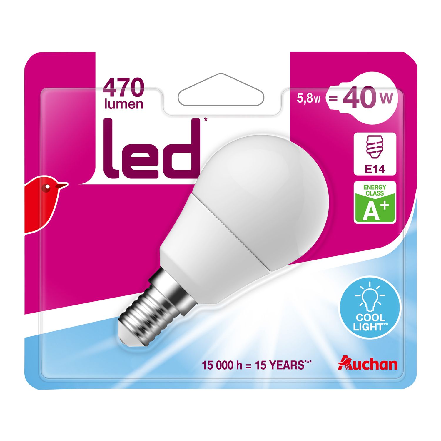 AUCHAN Auchan Ampoule led E14 mini sphéres 40w cool light 470 lumen x1 470  lumen 1 pièce pas cher 