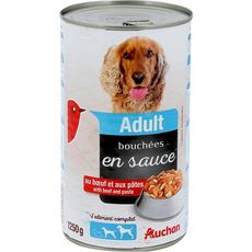 AUCHAN Bouch�es en sauce au b uf et p�tes en boite chien adulte 