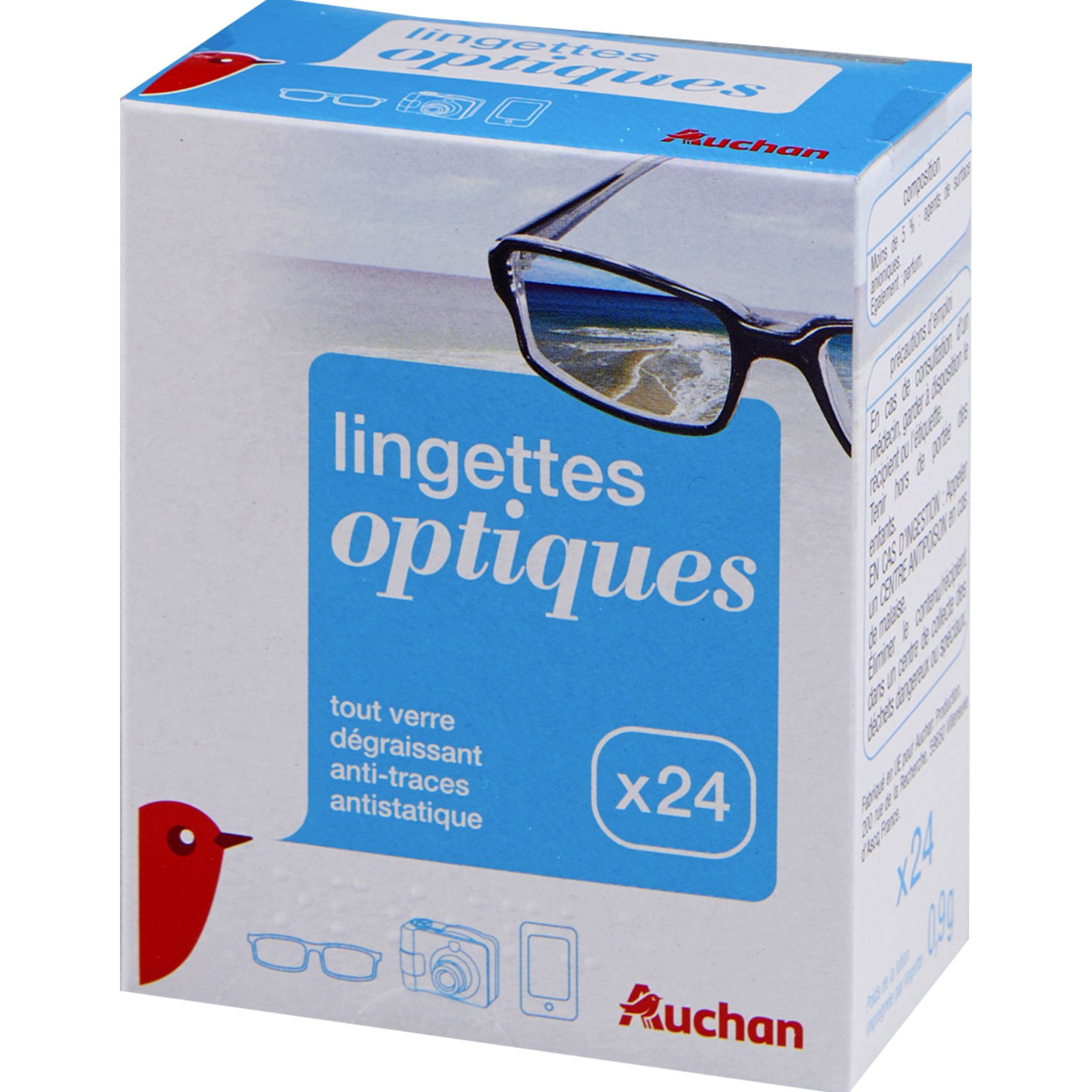 AUCHAN Lingettes optiques dégraissantes anti-traces 24 lingettes