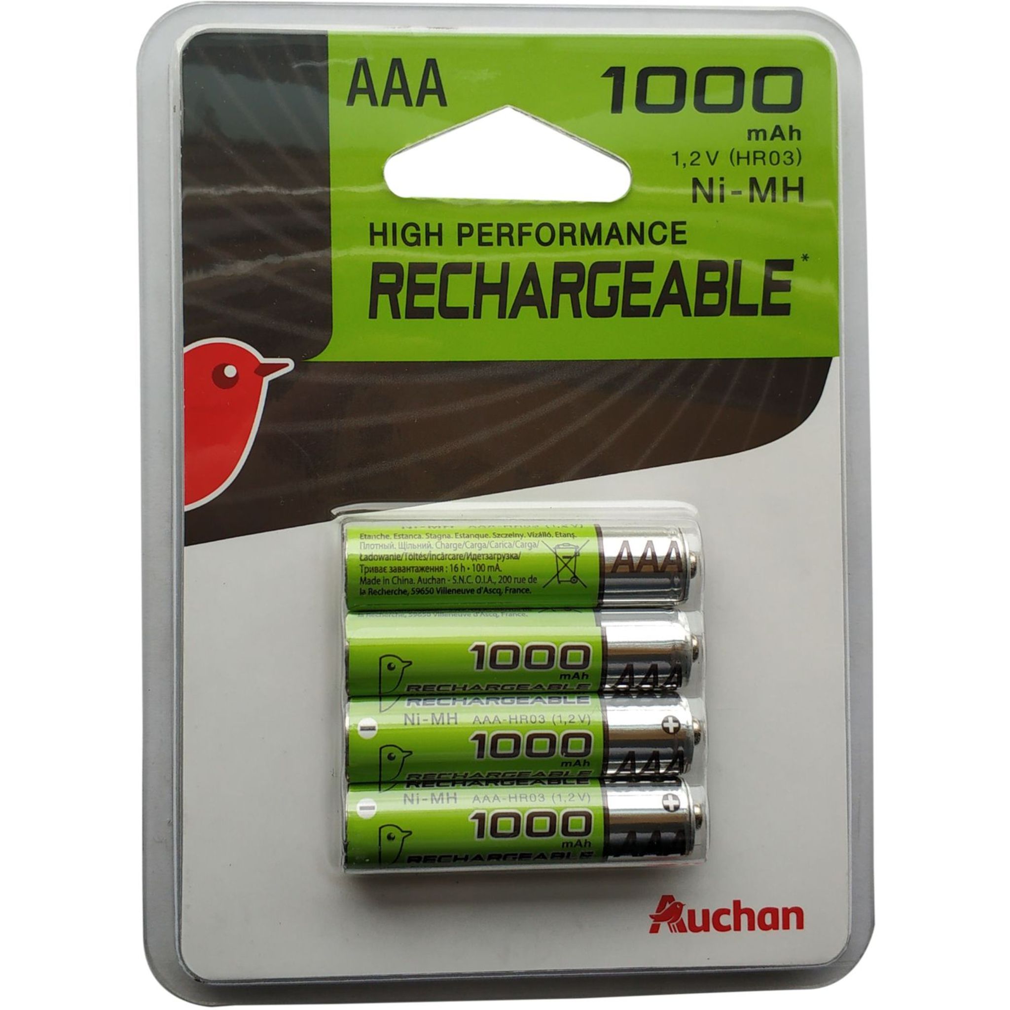 AUCHAN Auchan Piles AAA/HR03 rechargeables 1.2v 1000mah x4 4 pièces pas  cher 