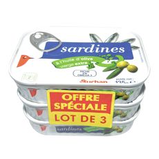 AUCHAN Sardines à l'huile d'olive vierge extra  3 boites de 135g