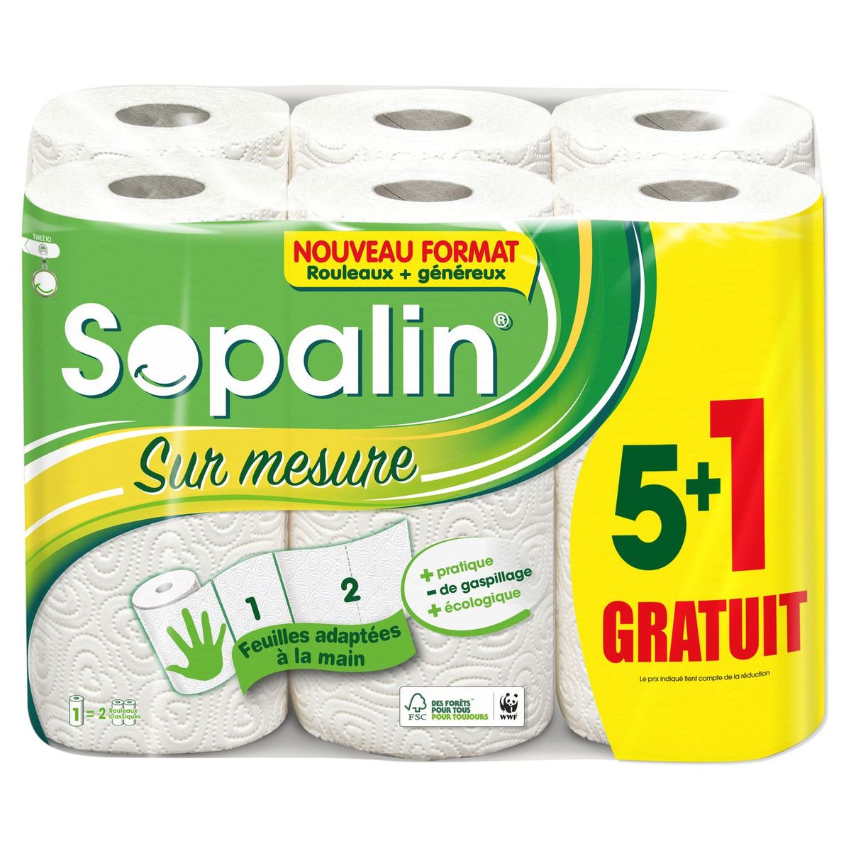 SOPALIN Sopalin essuie tout blanc sur mesure rouleau x5 +1offert = 12  standards 6 rouleaux pas cher 