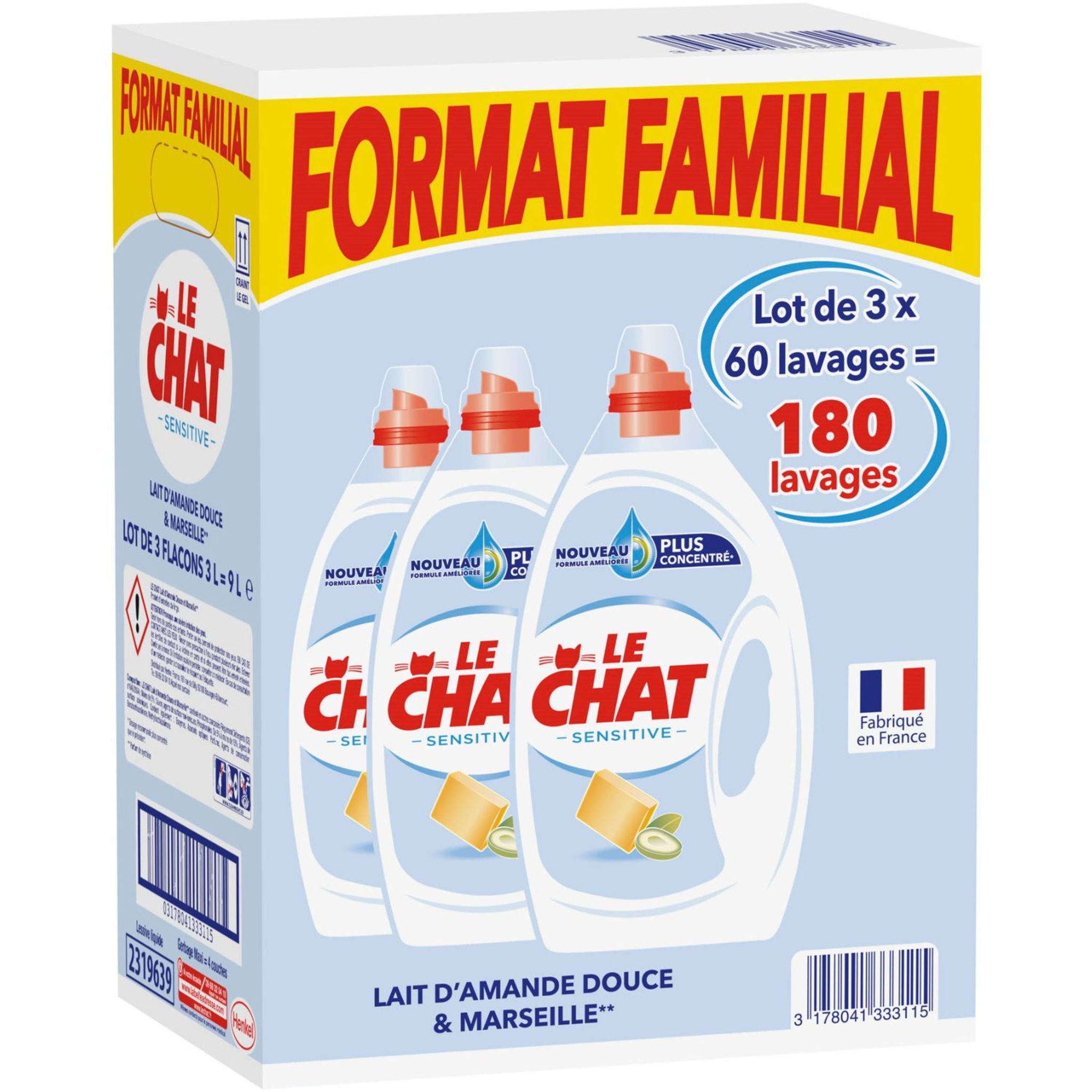LE CHAT Le Chat Lessive liquide sensitive format familial 180 lavages 3x3l  180 lavages 3x3l pas cher 