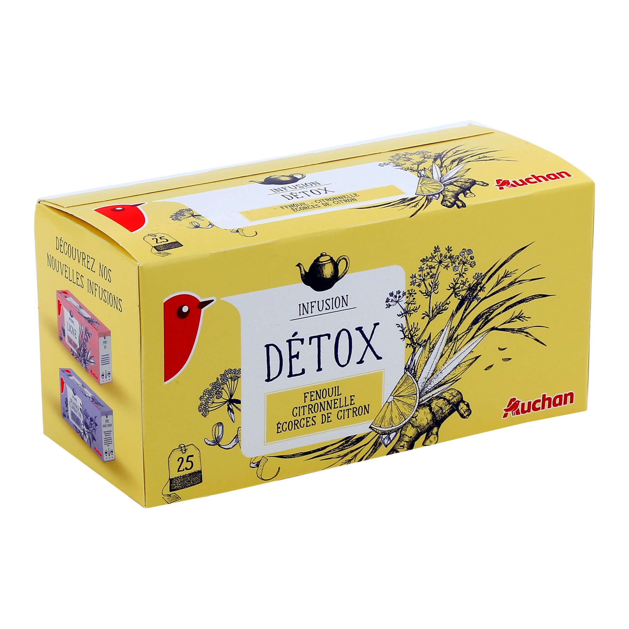 AUCHAN Auchan Infusion détox, fenouil citronnelle écorces de citron 25  sachets 40g 25 sachets 40g pas cher 