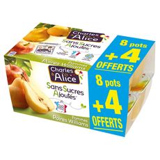 CHARLES & ALICE Spécialité pomme poire sans sucres ajoutés 8 pots + 4 offerts 12x100g