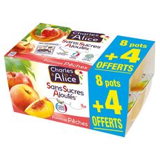 CHARLES & ALICE Spécialité pomme pêche sans sucres ajoutés 8 pots + 4 offerts 12x100g