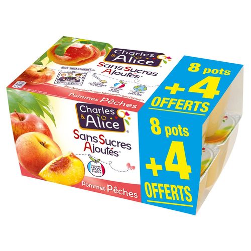 Compote pomme abricots sans sucres ajoutés, Charles & Alice (4 x 100 g)