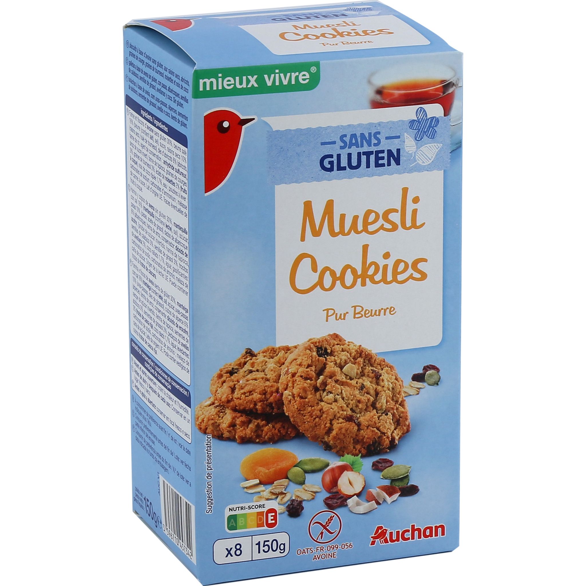 AUCHAN MIEUX VIVRE Cookies éclats de chocolat sans gluten 8 cookies 150g  pas cher 