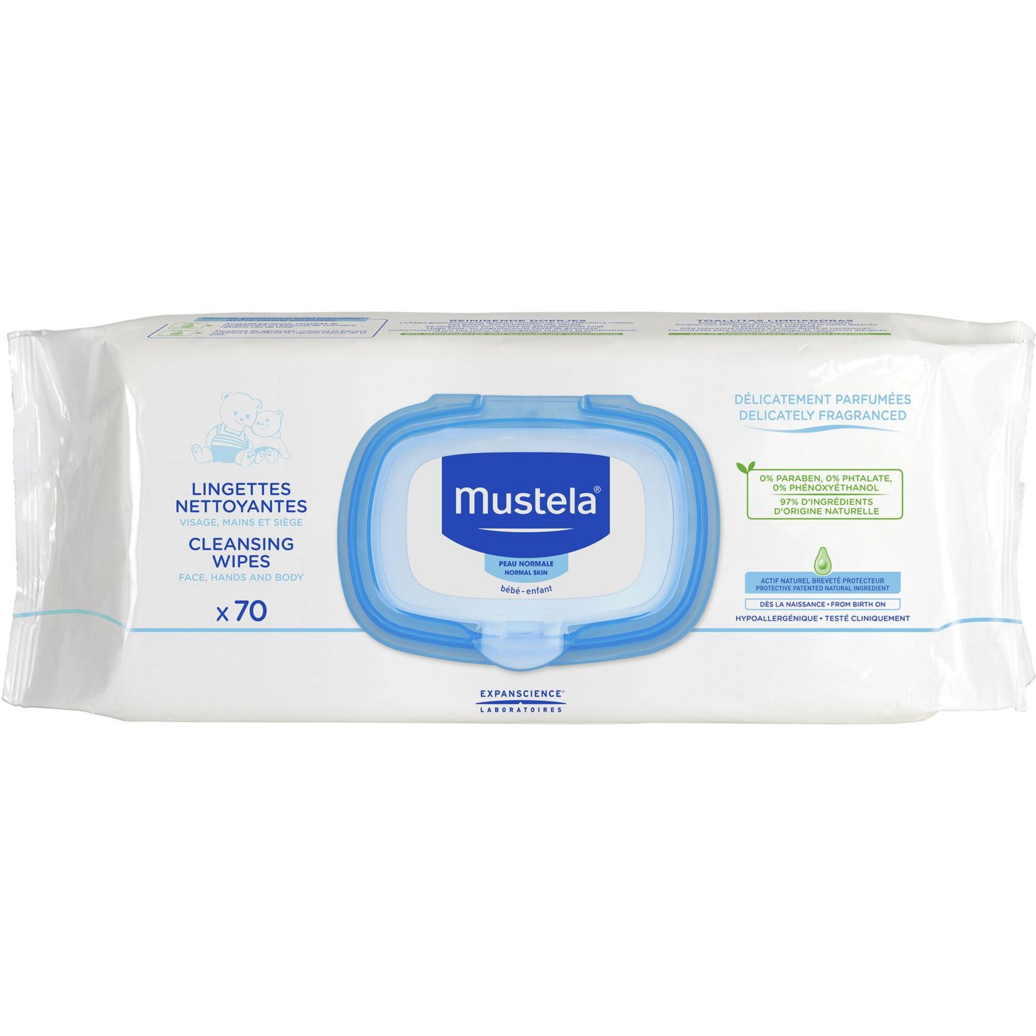 Mustela, Lingettes Nettoyantes Visage, Mains et Siège x 60 - Mustela