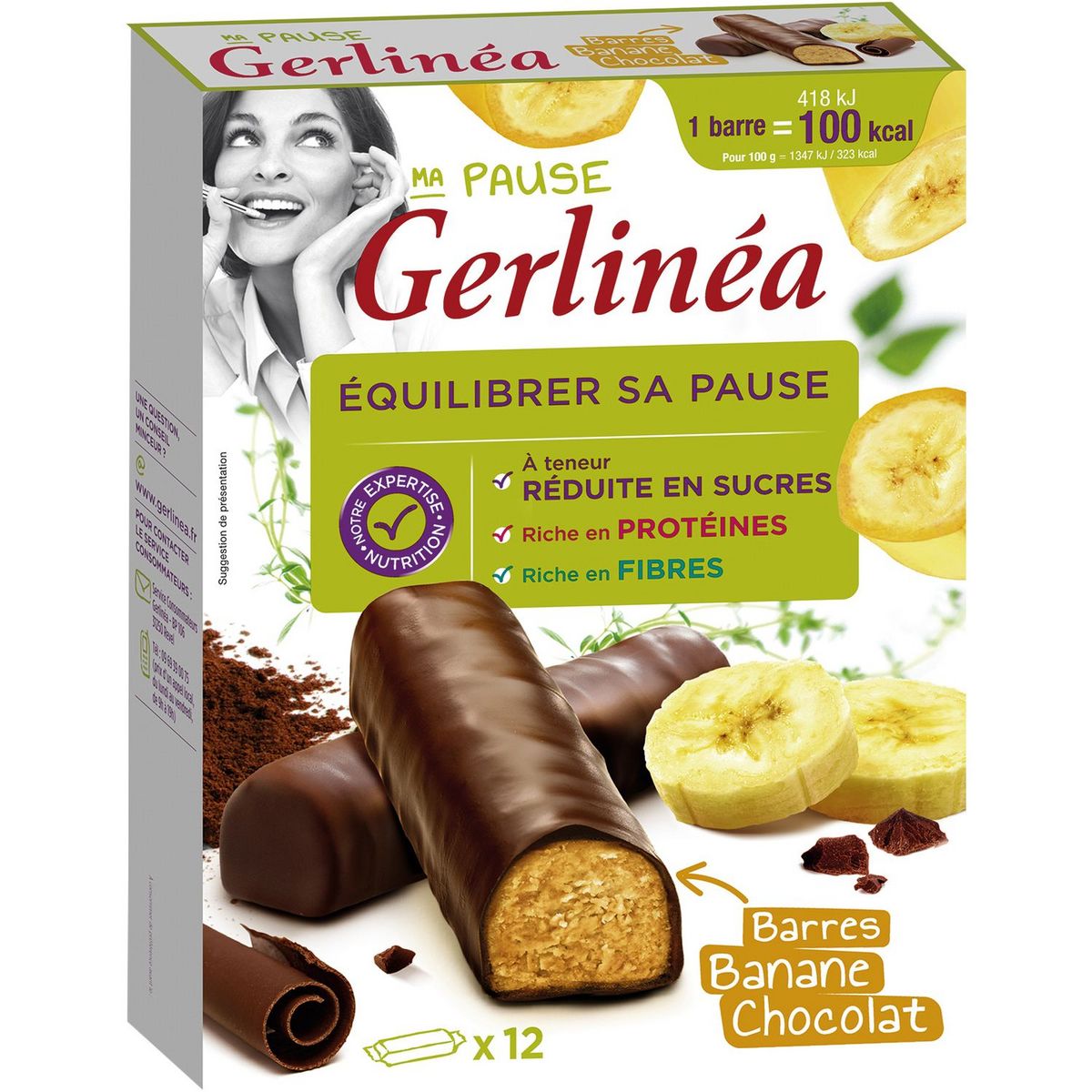 GERLINEA Barre banane chocolat riches en protéines 12x31g 372g pas