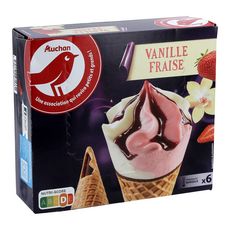 AUCHAN Cône glacé vanille fraise 6 pièces 420g
