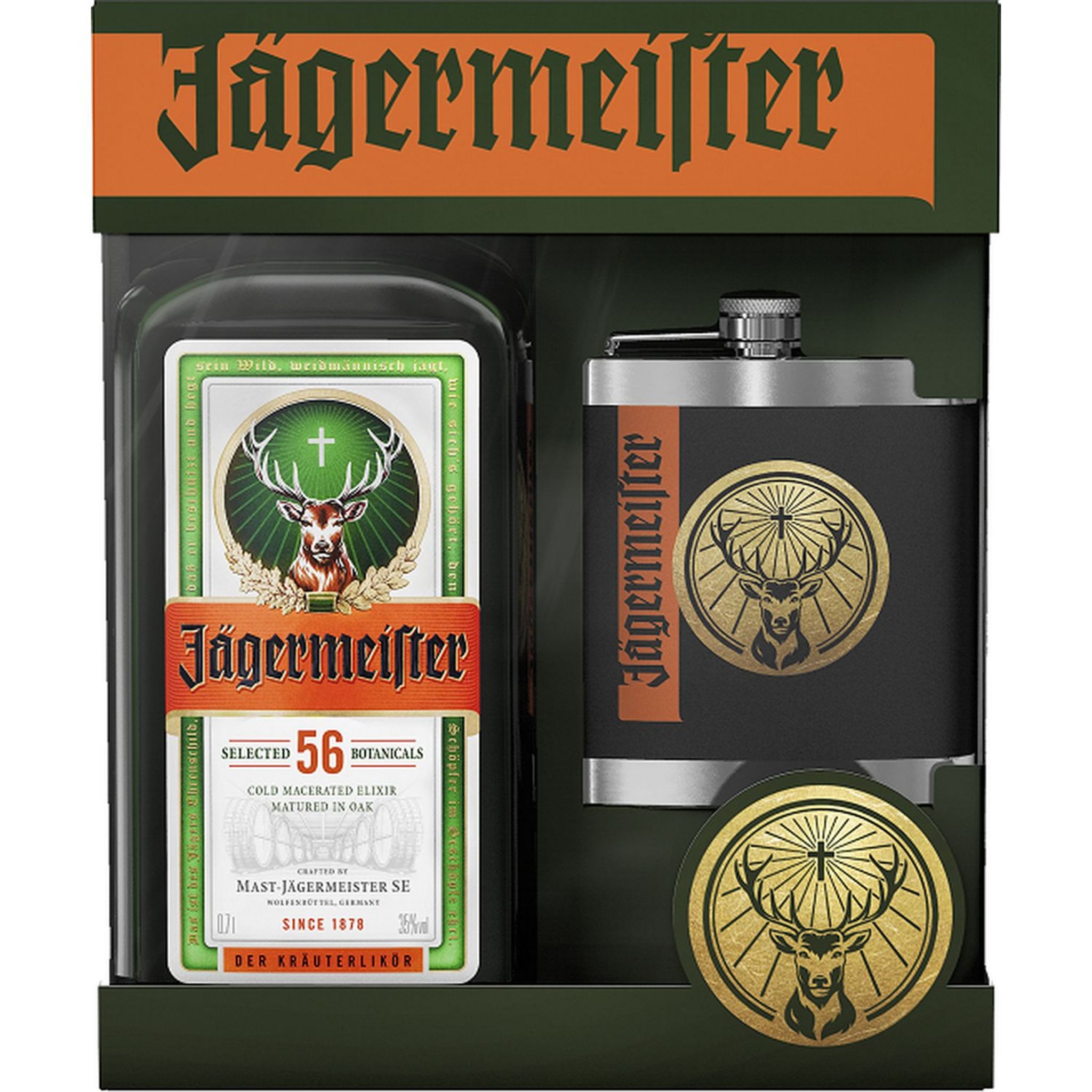 Vitrine de Noël 2018 : La liqueur Jägermeister escortée par sa flasque