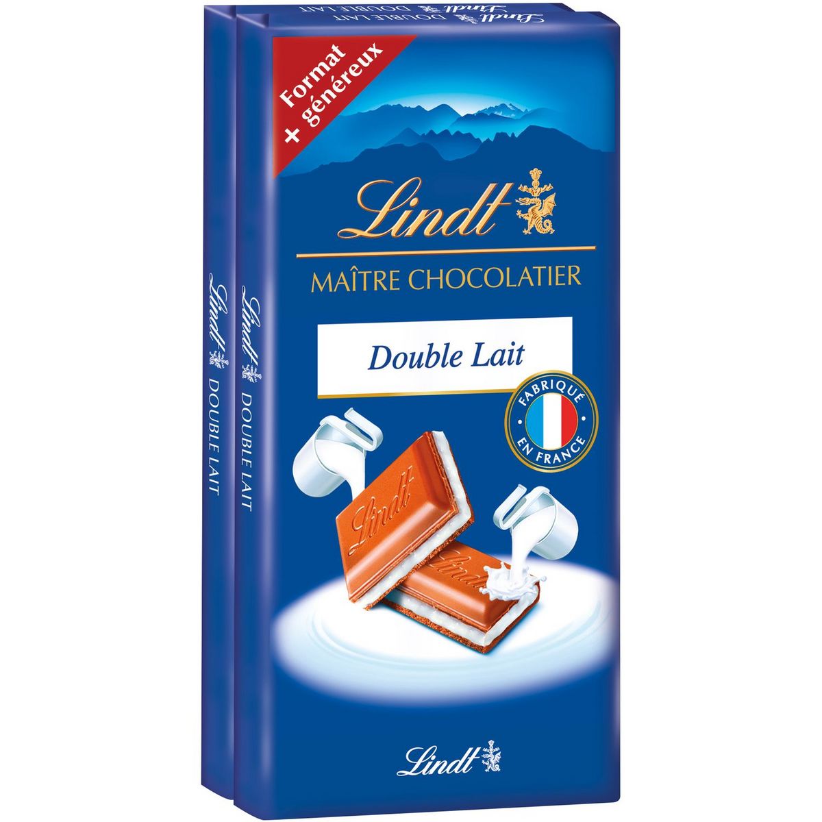 LINDT Tablettes de chocolat double lait 2 pièces 2x110g