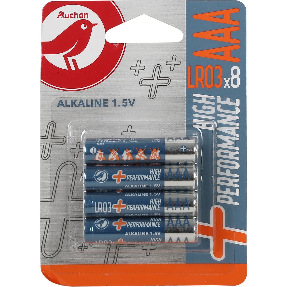 AUCHAN Lot de 8 piles AAA/LR03+ alcalines 1.5V high performance