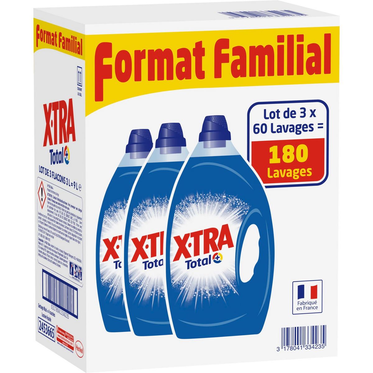 EXTRA Xtra lessive diluée total 90 lavages 3x3l lot familial pas cher 