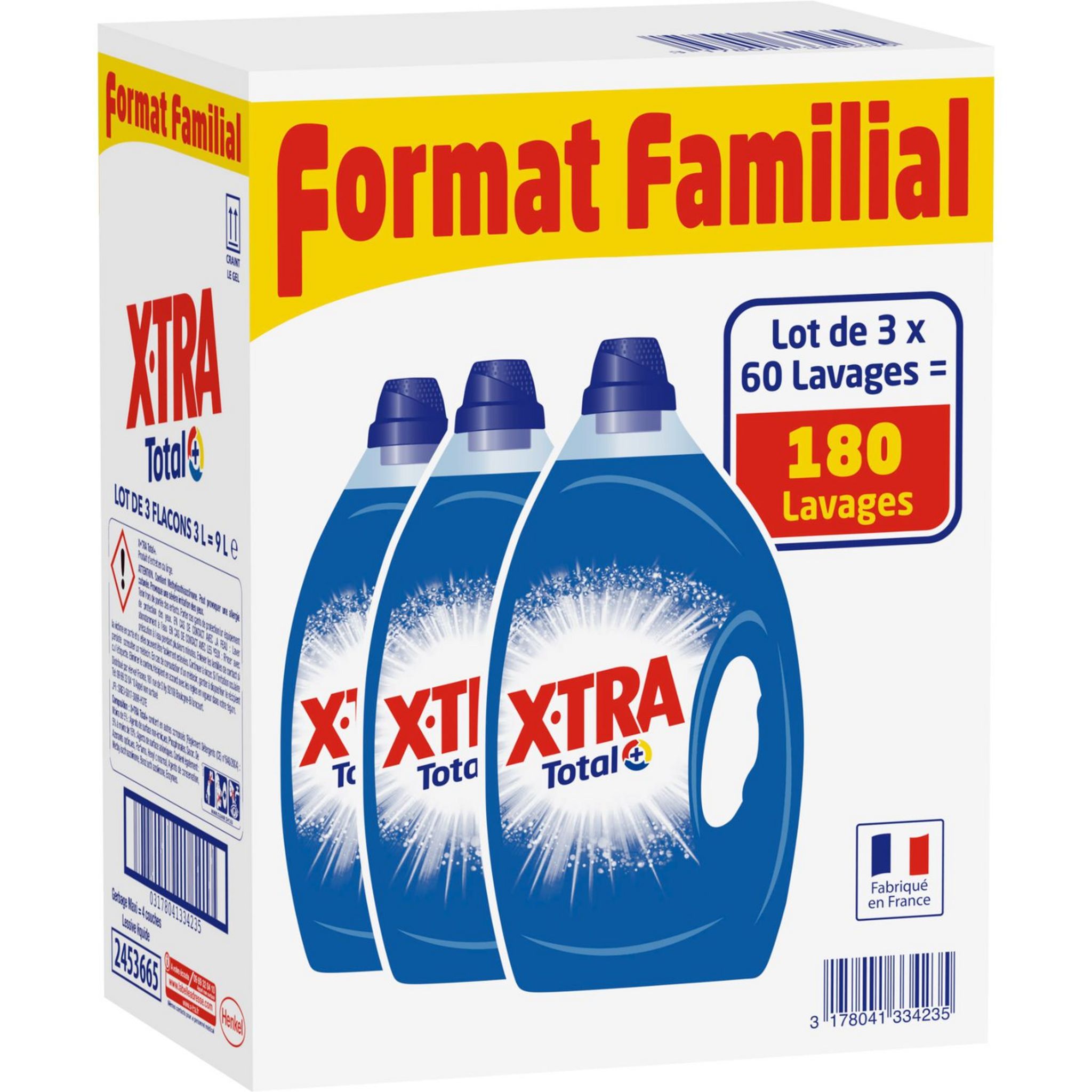 EXTRA Xtra lessive diluée total 90 lavages 3x3l lot familial pas