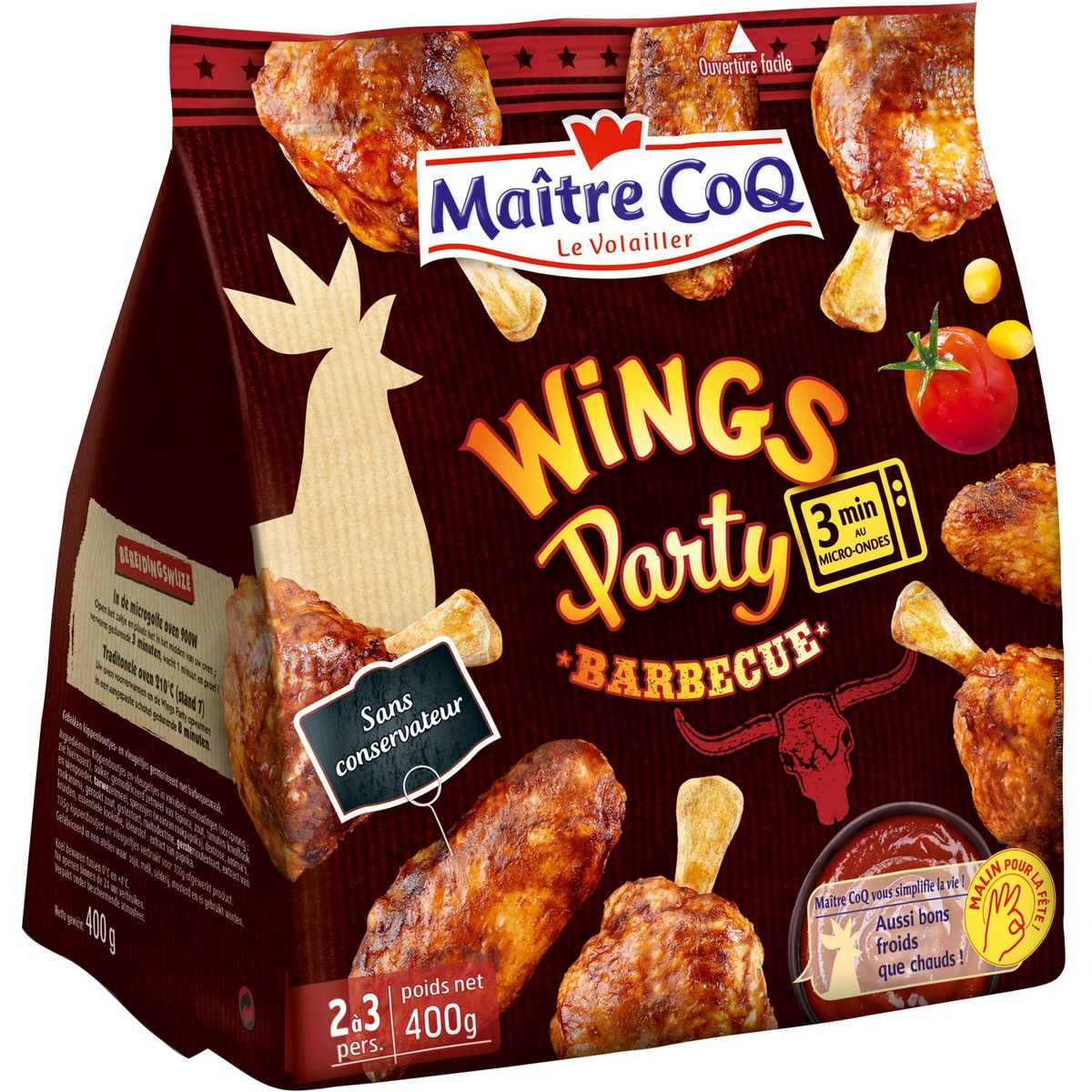 MAITRE COQ Wings party manchons et ailerons de poulet marinés goût barbecue 2 à 3 personnes 400g