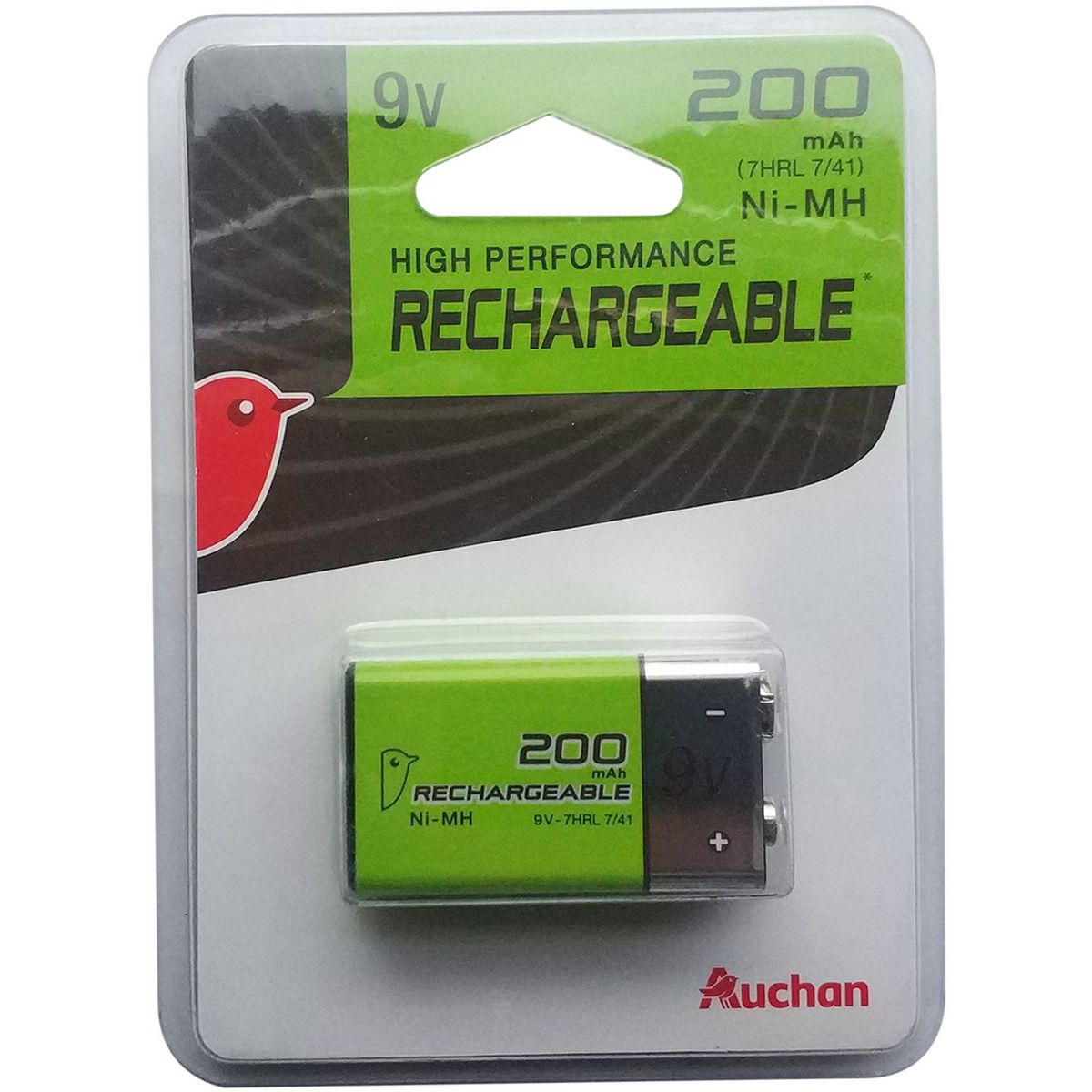 AUCHAN Auchan Pile 6LR61 rechargeable 9v 200mah x1 1 pièce pas cher 