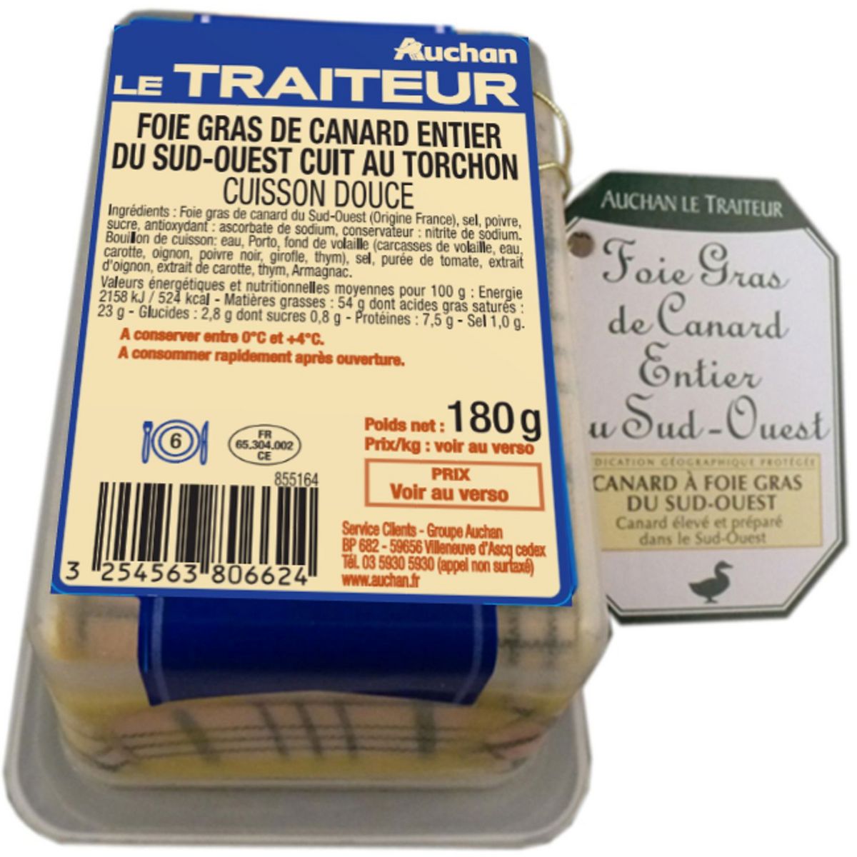 AUCHAN LE TRAITEUR Foie gras entier de canard du Sud-Ouest 6 parts 180g