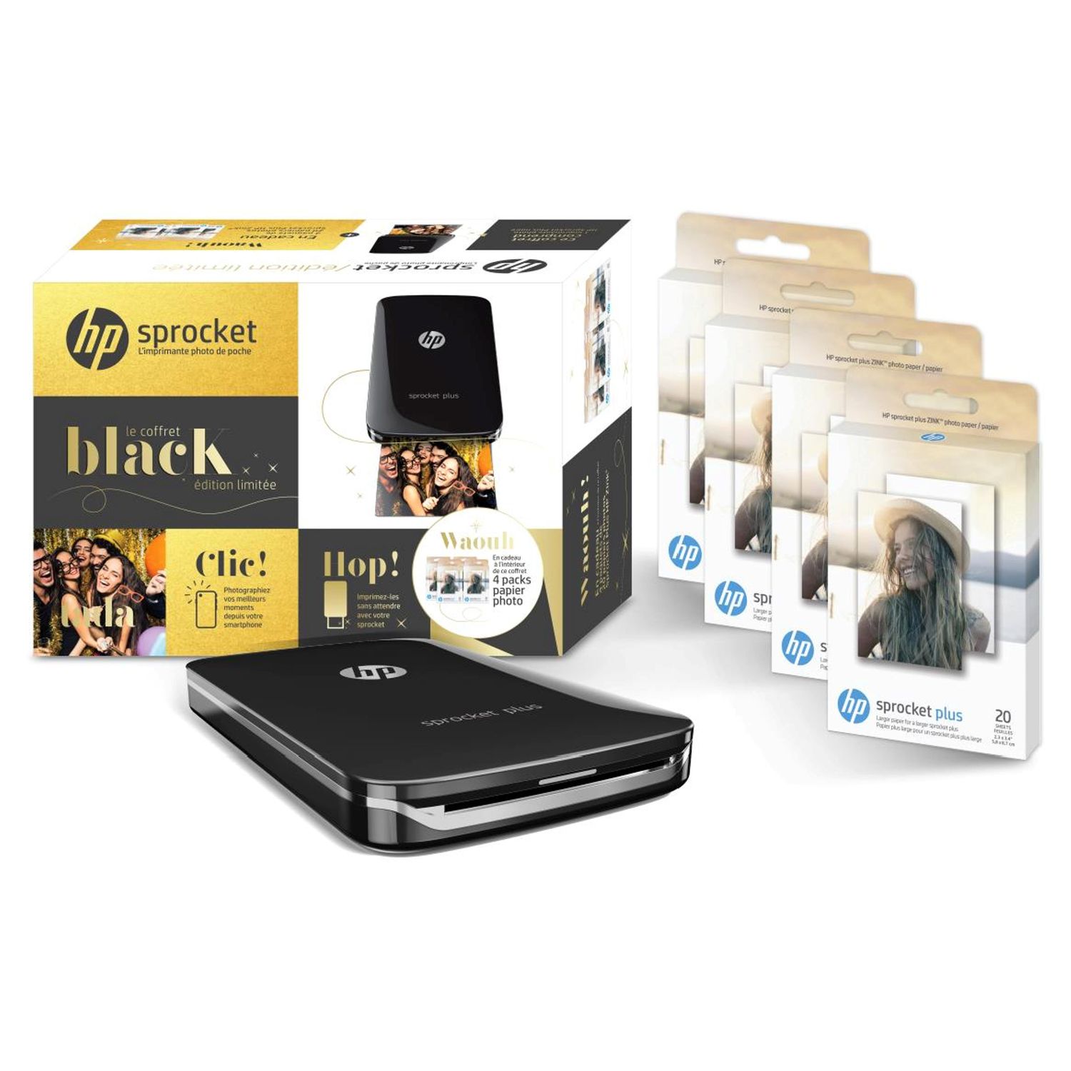 HP Sprocket Noir + HP ZINK 90 papiers photos adhésifs - Imprimante