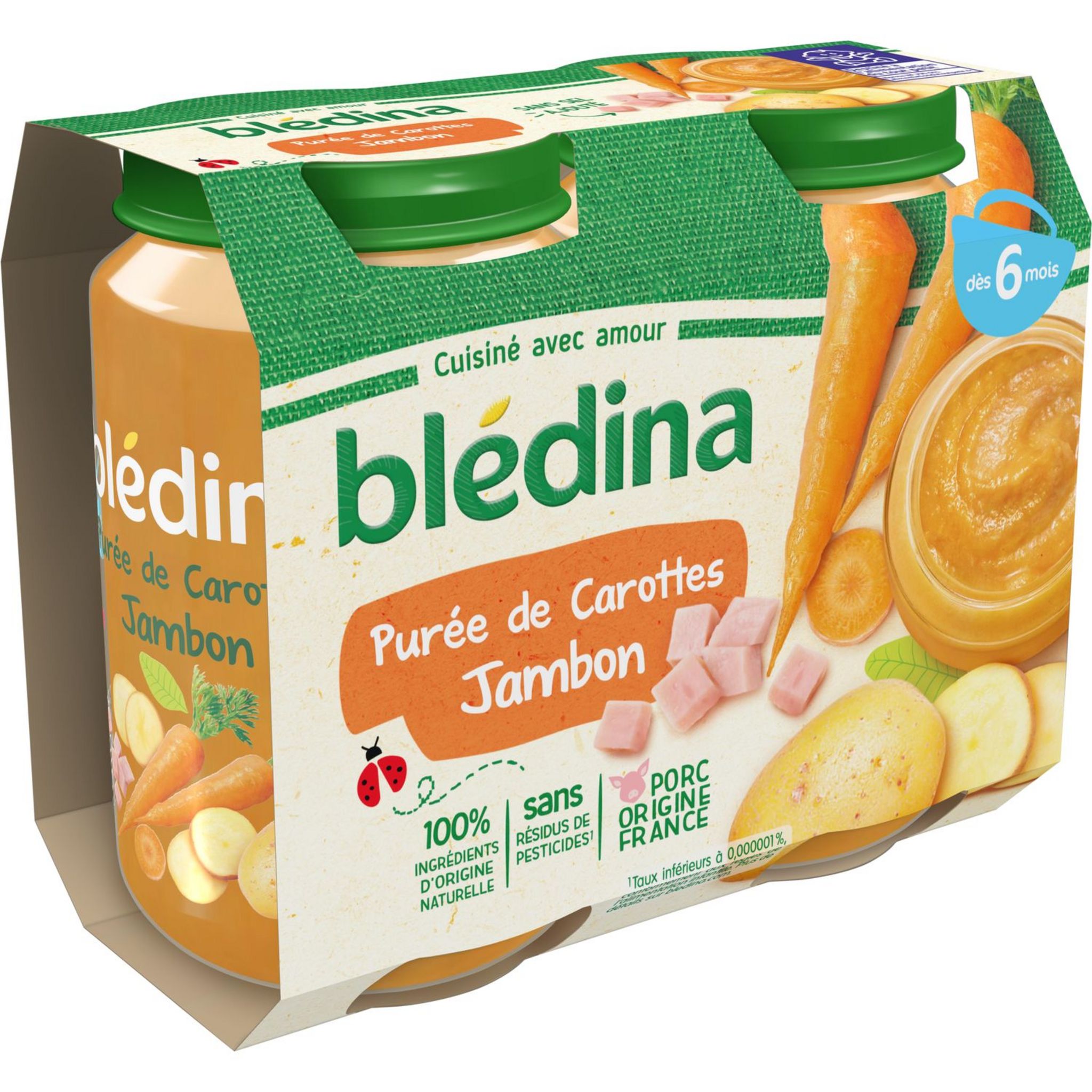 Bledina Petit Pot Puree Carottes Et Jambon Des 6 Mois 2x0g Pas Cher A Prix Auchan