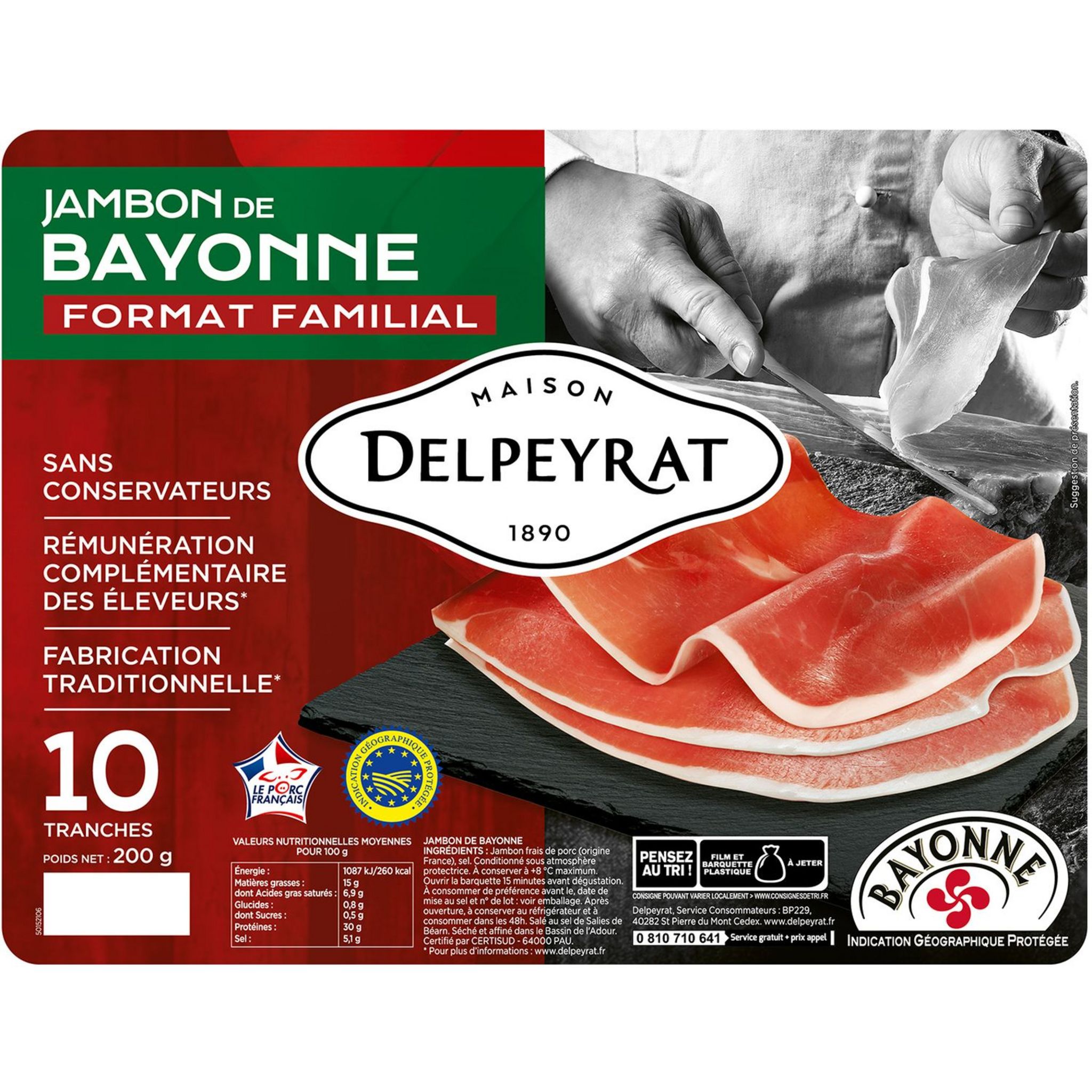 AUCHAN TERROIR Jambon de Bayonne IGP 10 tranches 200g pas cher 