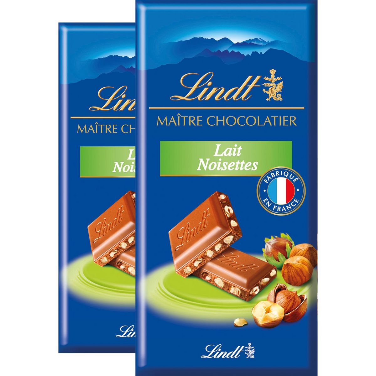 LINDT Maitre Chocolatier tablette de chocolat au lait noisettes 2 pièces 2x110g