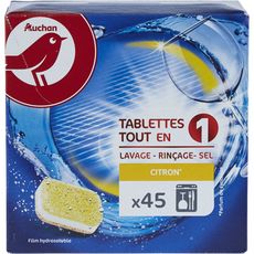 AUCHAN Tablettes lave-vaisselle tout-en-1 lavage rinçage sel citron 45 lavages 45 tablettes