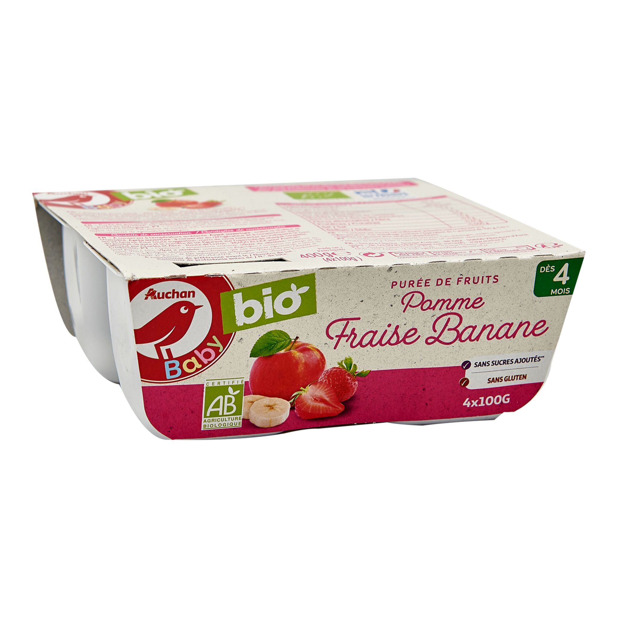 Auchan Baby Bio Petit Pot Dessert Pomme Fraise Banane Bio Des 4 Mois 4x100g Pas Cher A Prix Auchan