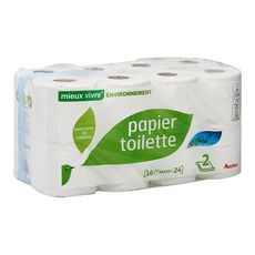 AUCHAN MIEUX VIVRE Papier toilette écologique blanc maxi 2 épaisseurs = 24 standards 16 rouleaux