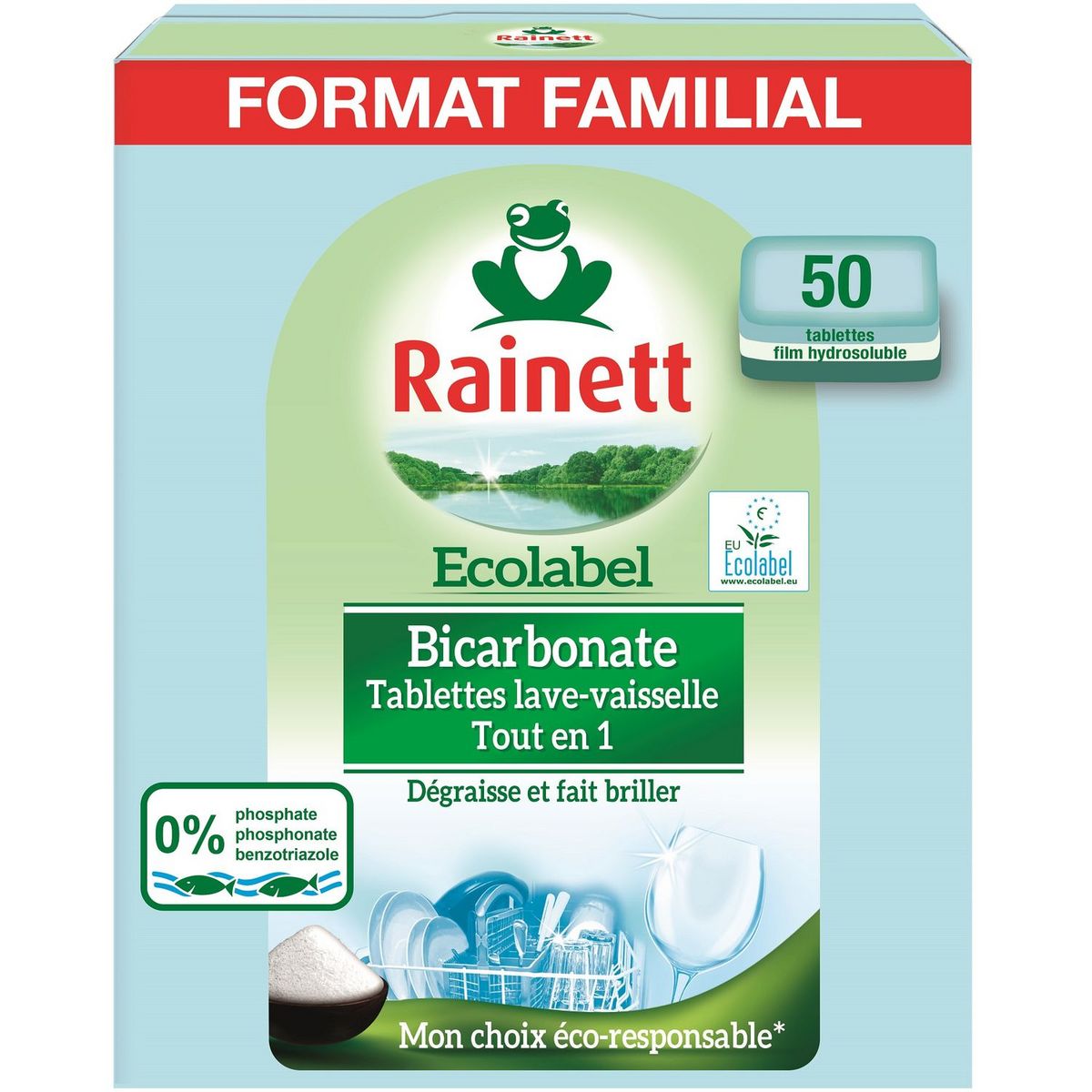 RAINETT Tablettes lave-vaisselle  tout en 1 bicarbonate écolabel 50 lavages 50 tablettes
