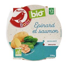 AUCHAN BABY BIO Assiette épinard bio au saumon dès 12 mois 230g