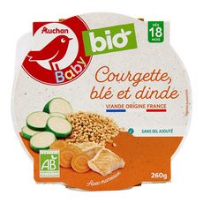 AUCHAN BABY BIO Assiette courgette blé et dinde dès 18 mois 260g