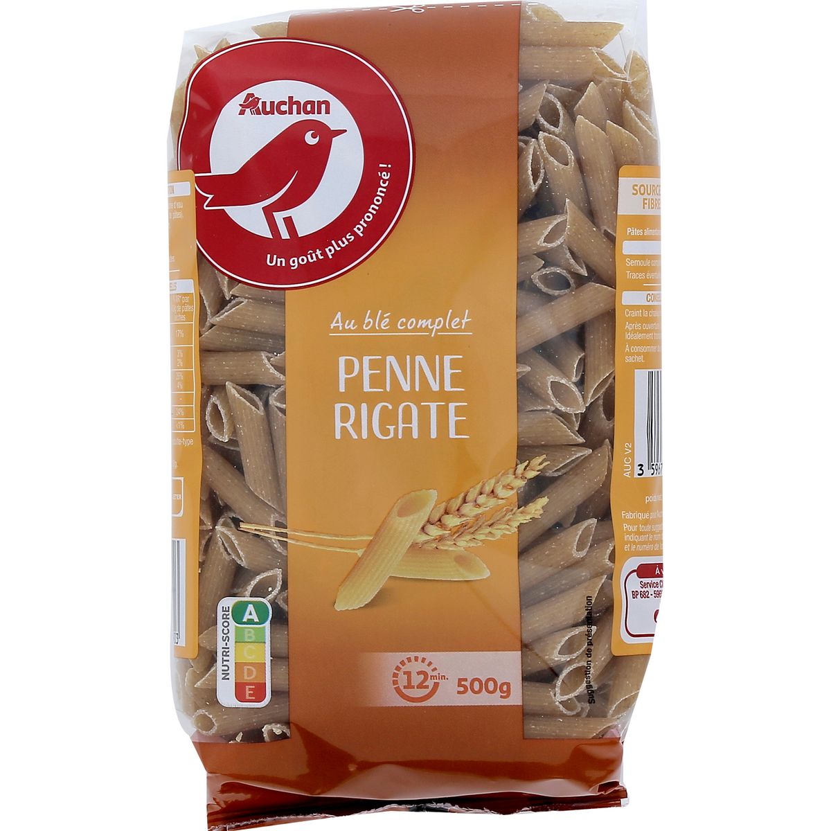 AUCHAN Penne rigate au blé complet 500g pas cher 