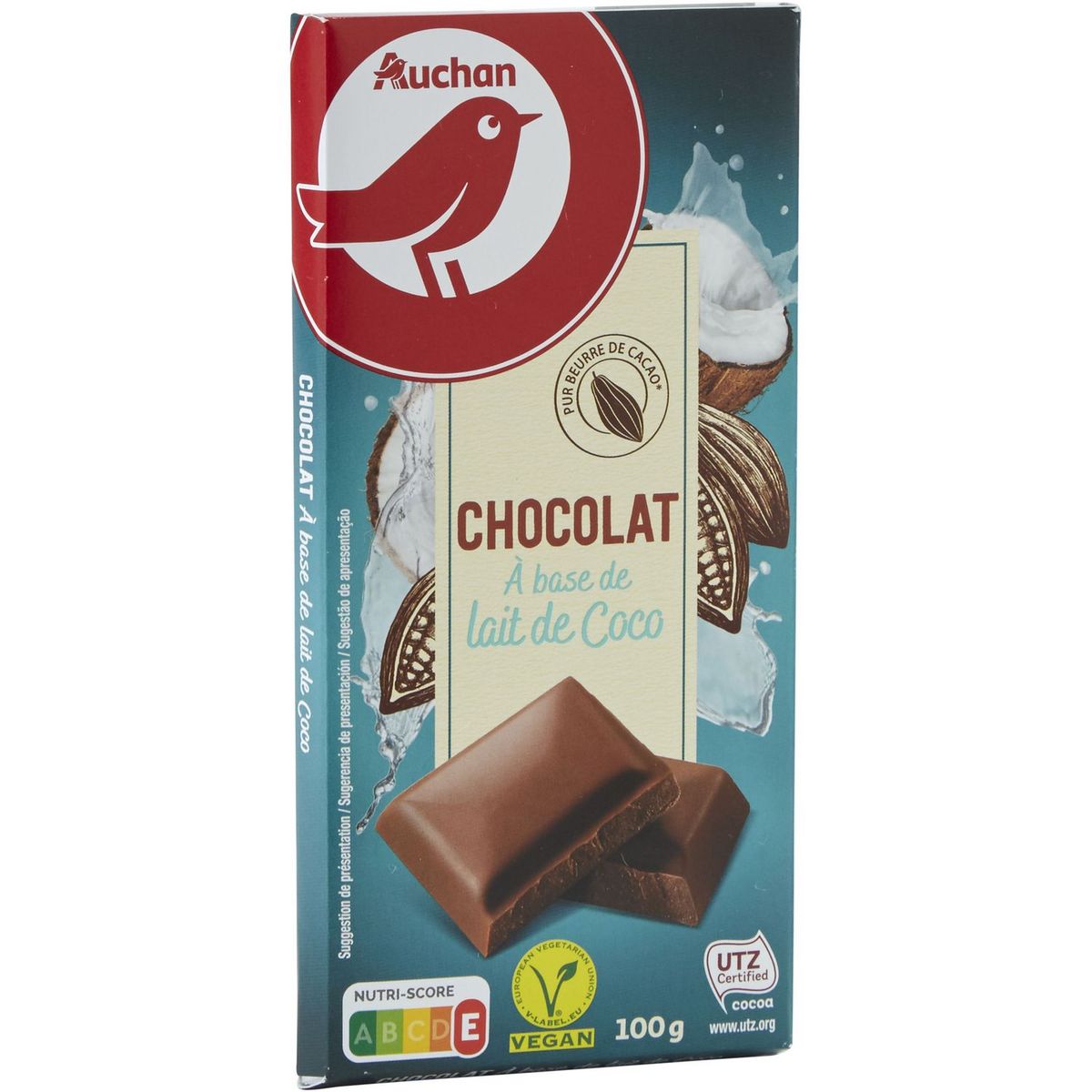 AUCHAN Tablette de chocolat vegan à base de lait de coco 100g pas