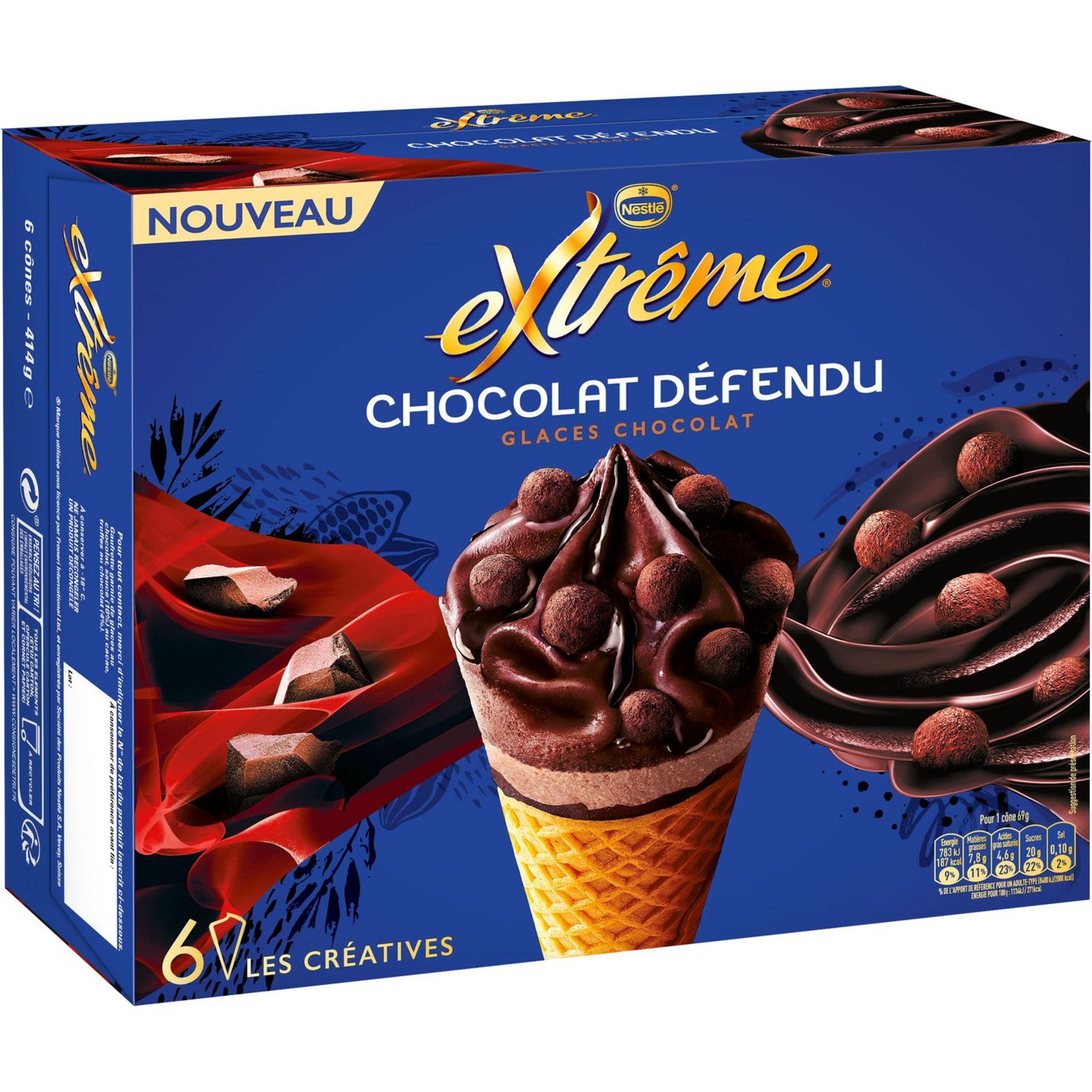 Achat Extrême 6 cônes glacés chocolat et pépites de nougatine 6x120ml