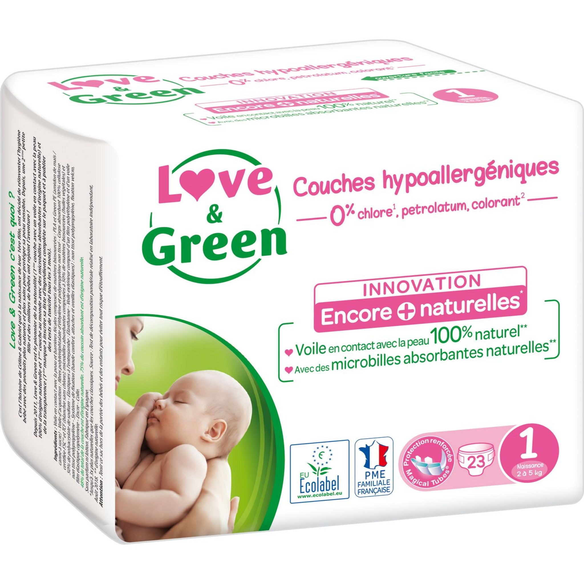 Love & Green - Couches Bébé Hypoallergéniques 0% - Taille 1 (2-5 kg) - Lot  de 2 x 23 couches (46 couches) - Cdiscount Puériculture & Eveil bébé
