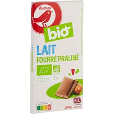 AUCHAN BIO Tablette de chocolat dégustation au lait fourré praliné 100g